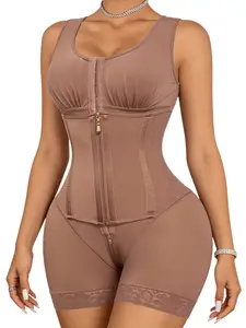 1 Count Women's Wide Straps Full Body Shaper, Abdomen Bodysuit, Fajas, Colombian Shapewear, Compression Tummy Control, Front Zipper & Multi Row Hook Closure Bodysuit, Butt Lifting Shapewear, Lace Trim Zipper Crotch Breathable Sculpting Jumpsuit, Sports