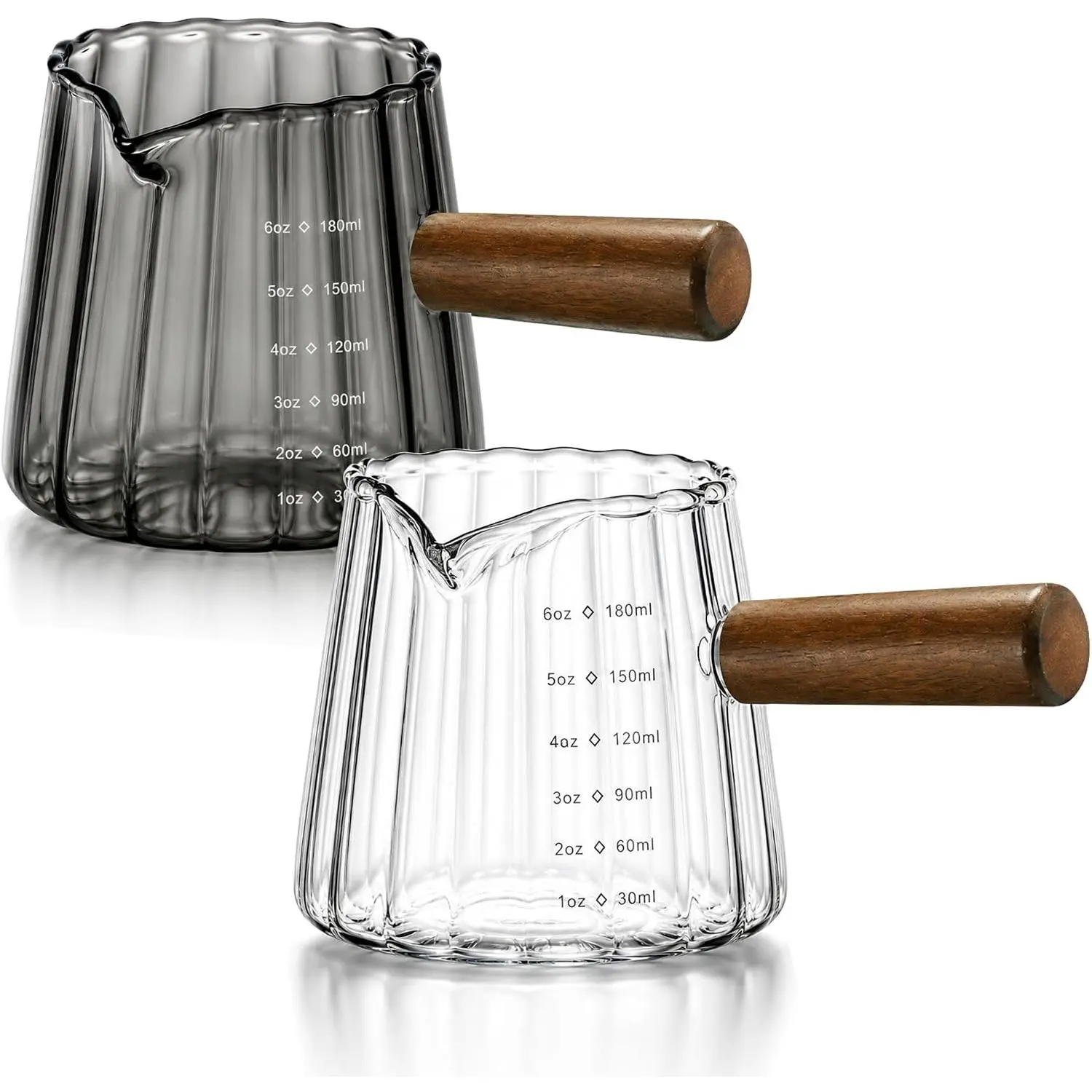 2 Pack Espresso Shot Measuring Cups 6oz, Clear & Grey Ribbed Glass Espresso Cups with  Handle, V-Shaped Spout, oz/ml Markings for Espresso, Milk Frothing, Latte and Coffee Bar