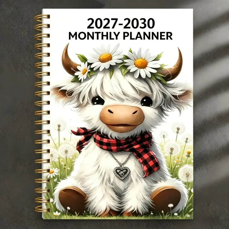 2027-2030 Monthly Planner/Calendar, 4-Year Monthly Planner, Cartoon Highland Cow Cover Notebook, Calendar Design, Yearly Calendar Planning, Monthly Tabs, 5.5 x 8.3 inch Thickened Paper, Elastic Cover, Durable Doubl, Calendars Planners