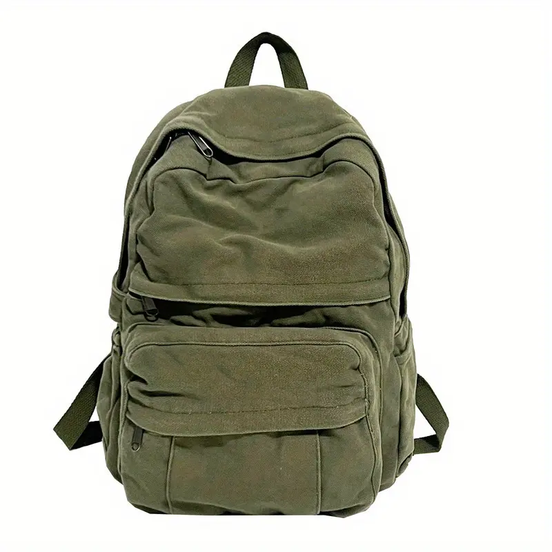 Chic Vintage Washed Canvas Backpack for Women, Casual Solid Color Olive Green Rucksack, Slouchy Grunge Daypack for Daily Commuting and Back to School Wea