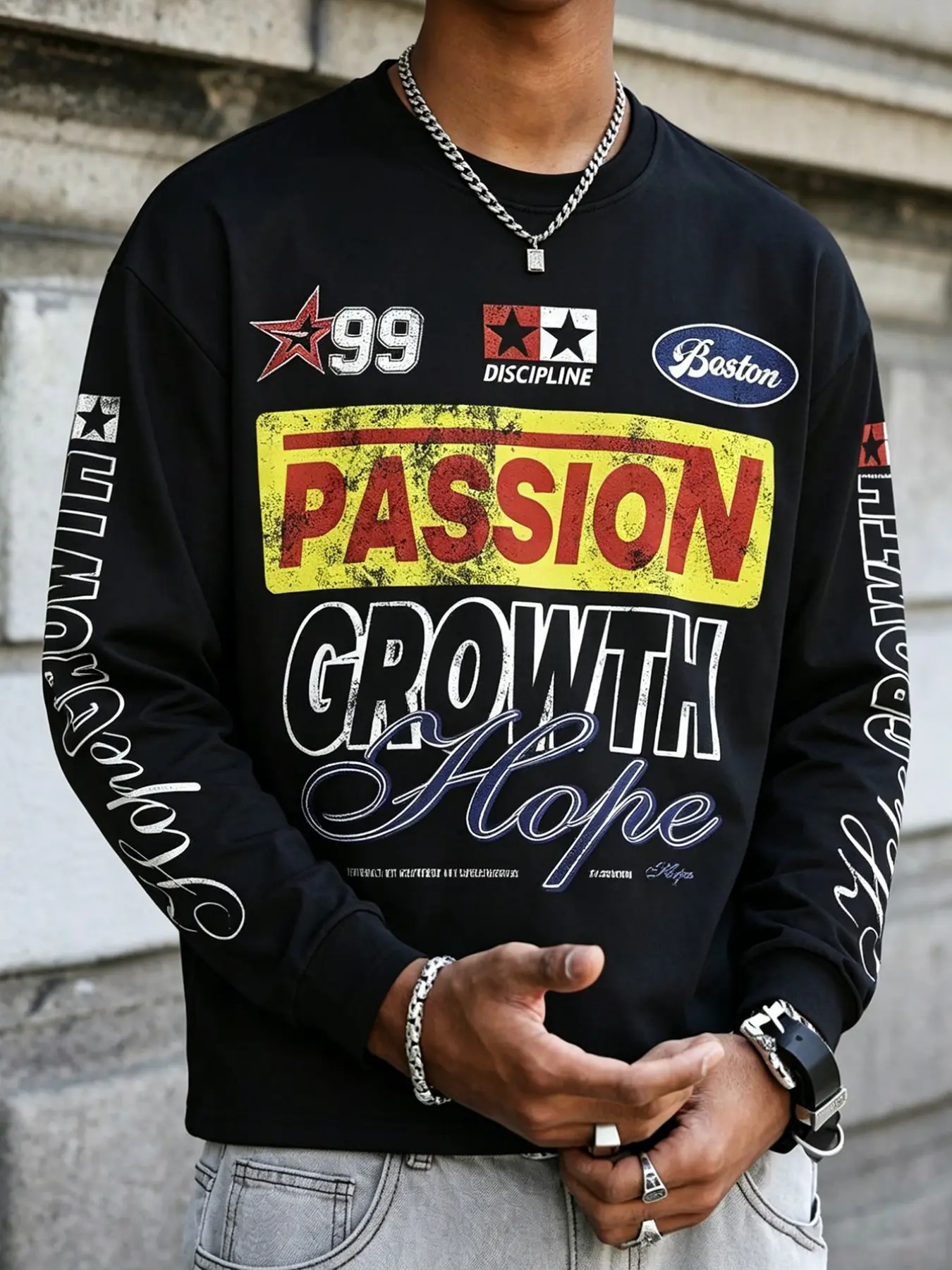 Vintage Letter Badge Long Sleeve T-Shirt, Boston Racing Star 99 Number, American Streetwear Base Layer, Retro Style Top