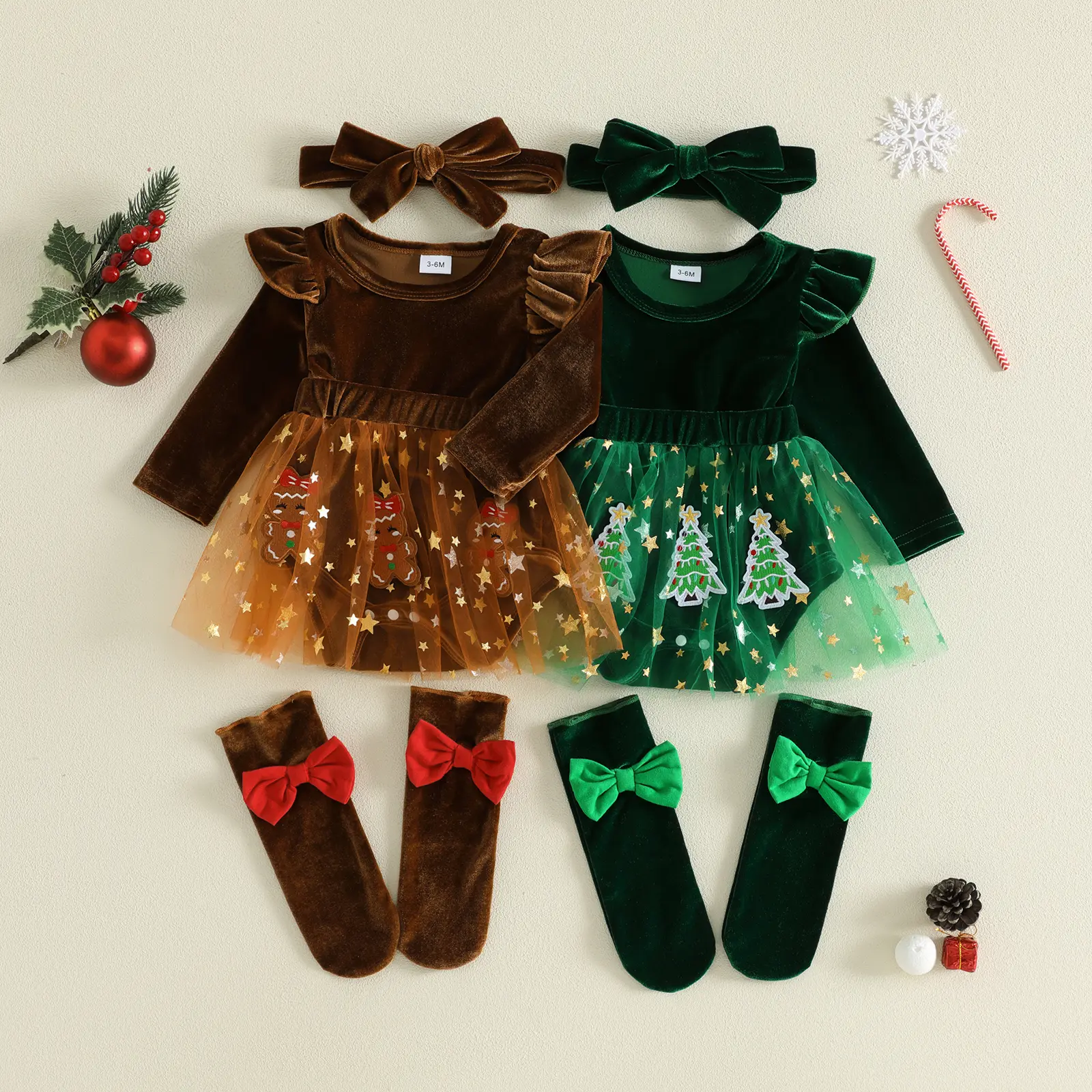 Baby Christmas Romper Set long Sleeve Crew Neck Velvet Cute Gingerbread Applique Jumpsuit +Headband+Socks Christmas Partywear 3Pcs Cloth Set