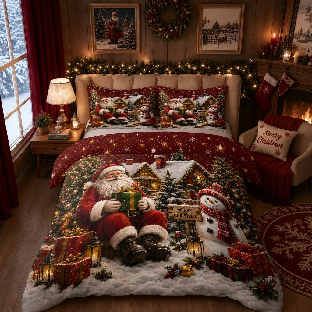 Three-piece red Christmas-themed bedding set featuring Santa Claus and rural scenery prints, including 1 quilted coverlet + 2 pillowcases (pillow fillers not included)