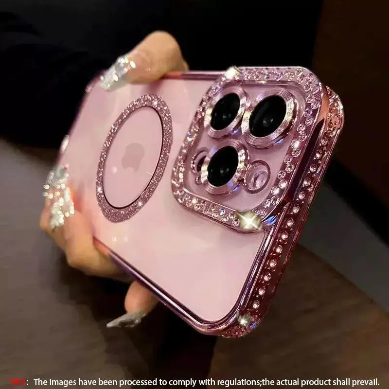 Fashionable Luxury Sparkling Diamond Transparent Case for iPhone 11/12/13/14/15/16/17 Pro Max, Magnetic Wireless Charging Shockproof Protective Smartphone Case for Women and Girls