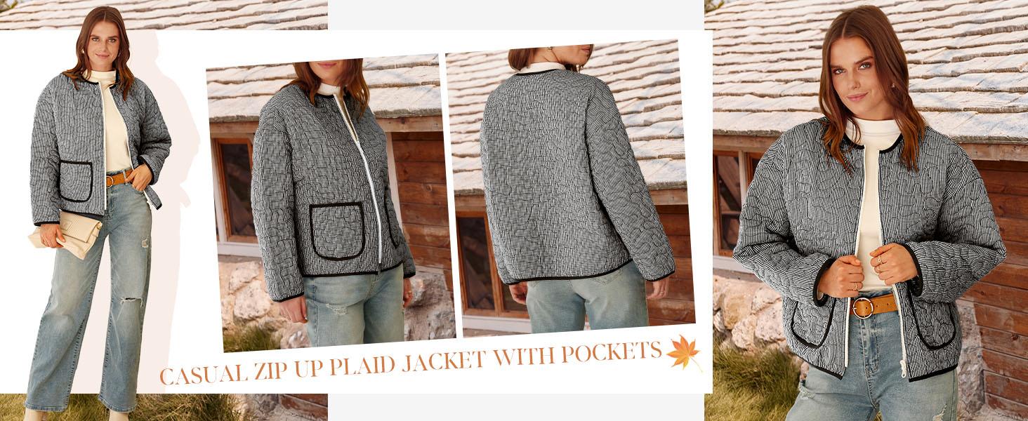 Yousify Womens Jackets Fall Fashion 2025 Crew Neck Quilted Plaid Jacket Full Zipper Coats S-2XL