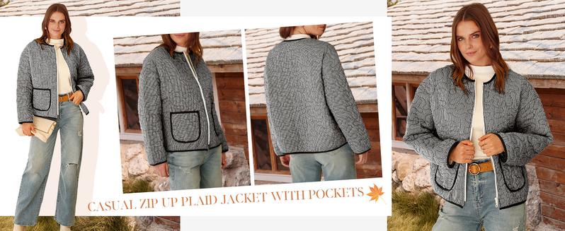 Yousify Womens Jackets Fall Fashion 2025 Crew Neck Quilted Plaid Jacket Full Zipper Coats S-2XL