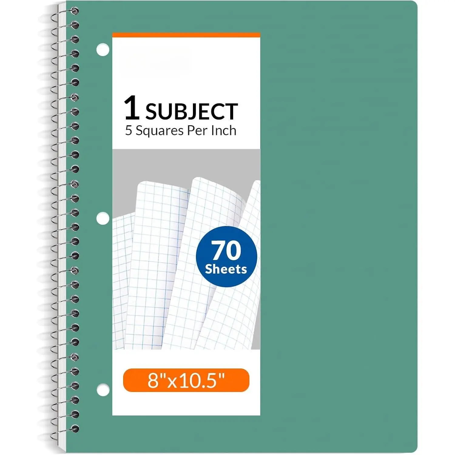 Grid Paper Spiral Notebook - 1-Subject, 8"x10.5", 70 Sheets, 5 Squares per Inch, Perforated, Ring Binder Compatible for Office & School Writing, Green, Grid Paper for Ring Binders