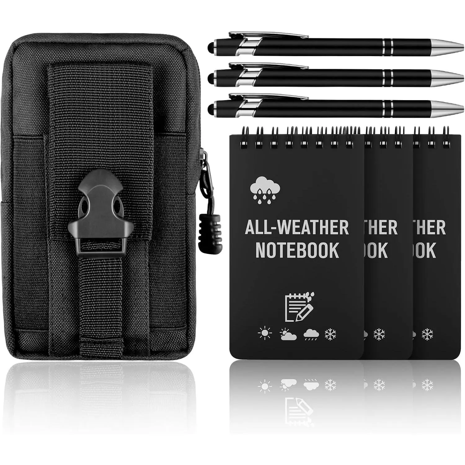 7 PCS Waterproof Notebook Set, 3 Write in the Rain Notebook & 3 Write in the Rain Pen and Waterproof Multi Functional Waist Pack, Field Notebook Kit for Outdoor Activities Recording (Black)Gift.