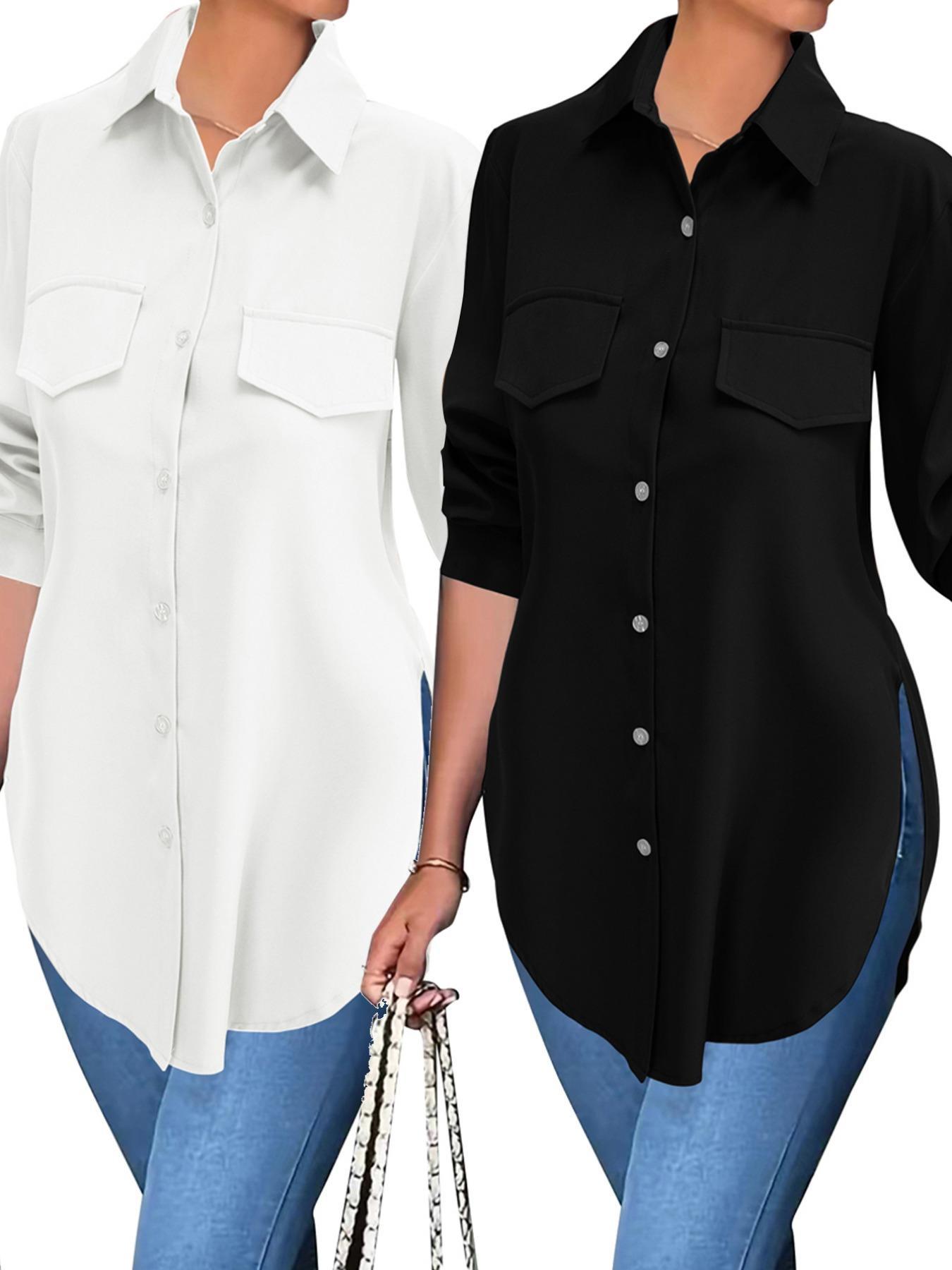 Women's Plain Button Front Split Hem Shirt Blouse, Casual Long Sleeve Collared Top for Spring & Fall, Summer Outfits 2024, Women's Clothing for Daily Wear