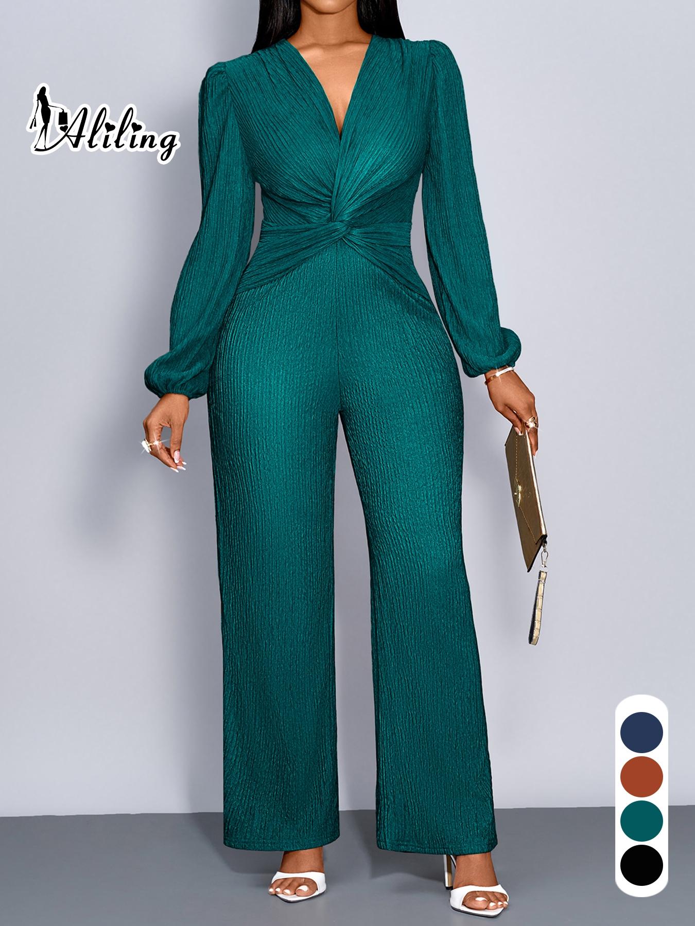 Aliling Fahsion Jumpsuit For Women Autumn Sexy Elegant Women's Jumpsuits, Deep V Neck High Waist Twist Design Long Pants, Puff Sleeve Wide Leg Pants Jumpsuit ,All Seasons Causal Wear