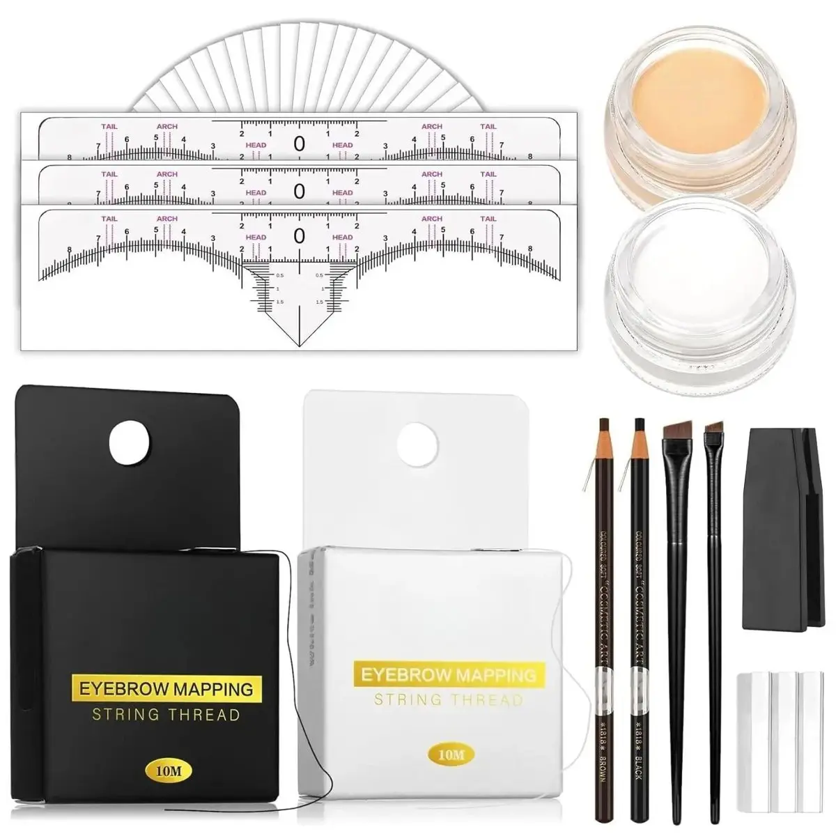 Brow Mapping Kit includes 10m X Black&White Mapping String, 50pcs Eyebrow Ruler Stickers,White and Light Beige Brow Concealer & 2 Brow Brushes, Eyebrow Pencil Razor Sharpener and Instruction