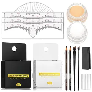 Brow Mapping Kit includes 10m X Black&White Mapping String, 50pcs Eyebrow Ruler Stickers,White and Light Beige Brow Concealer & 2 Brow Brushes, Eyebrow Pencil Razor Sharpener and Instruction