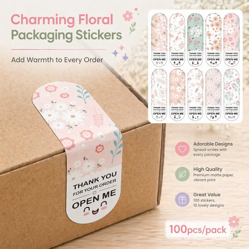 100Pcs Floral Thank You Open Me Seal Stickers, Cute Cartoon Expression Packaging Tape Labels for Small Business Shipping Box Parcel Decor, Decorative Labels