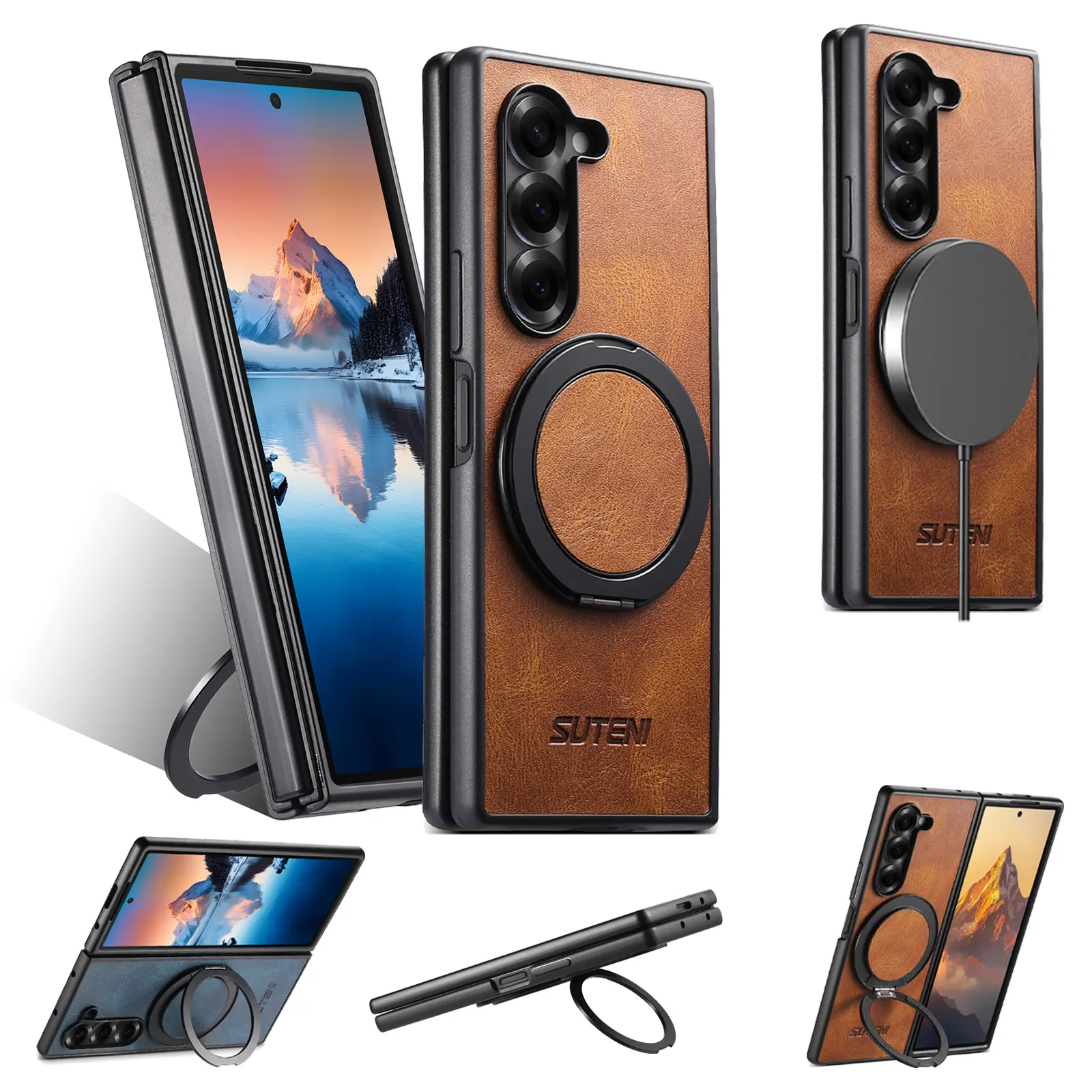(Case & Nova) MagSafe Vintage Leather Fold Smartphone Casing, 360° Rotatable Ring Kickstand, Wireless Charging Shockproof Protector for Samsung Galaxy Z Fold Series, Slim Stylish Magnetic Accessories for Devices