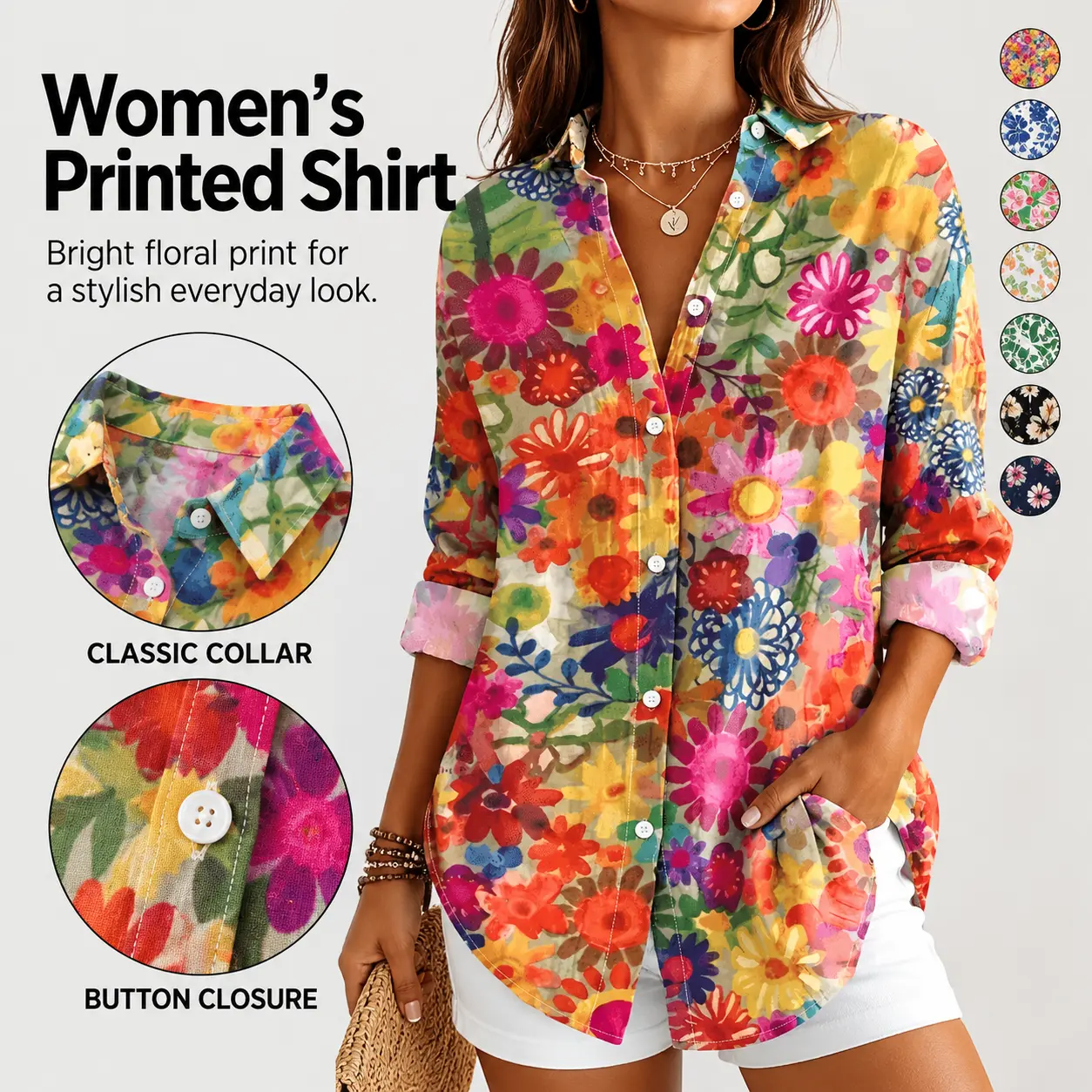 Women'S Spring/Summer Floral Print Shirt with Lapel Collar and Patched Details - Vibrant Long Sleeve Blouse for Adults, Casual Yet Sophisticated Style Polyester Top