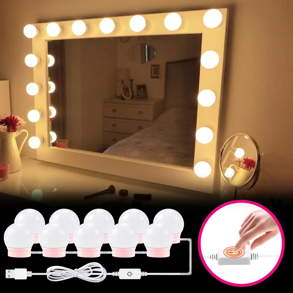 Hollywood Style Touch LED Mirror Lamp White/Pink Bottom USB 5V Stepless Dimming Natural White Bathroom Washroom Dressing Table Light Energy Saving Eye Protection Cabinet Night Lighting 2/6/10/14Bulbs Bathroom Vanity Light