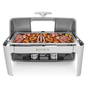 ROVSUN 9Quart 1 Pack Roll Top Chafing Dish Buffet Set, Stainless Steel Chafers for Catering, Rectangular Buffet Servers and Warmers Set with Glass Window for Parties, Banquet, Wedding, Full Size Plates