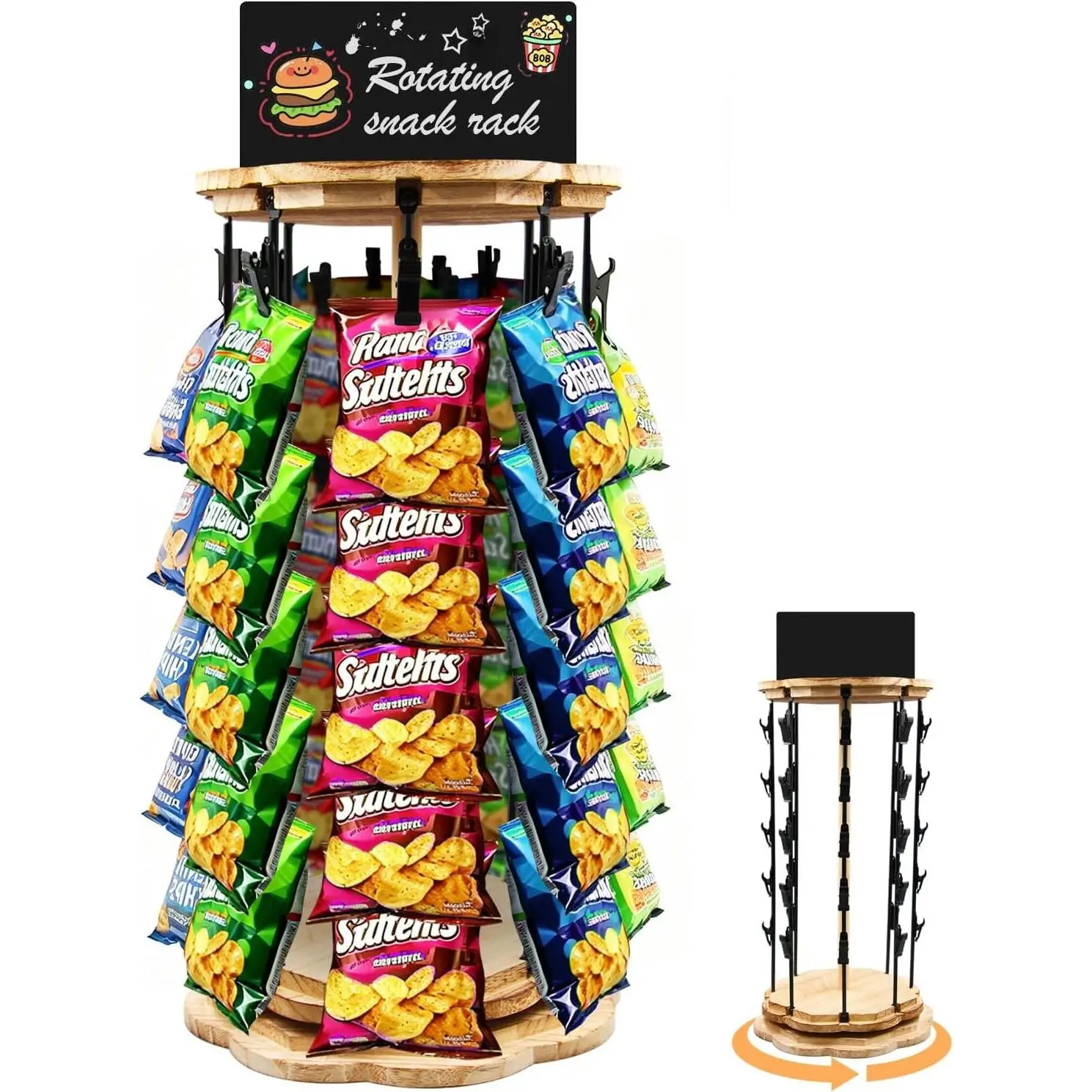 Chip Rack Display Stand 5 Tiers 40 Clips Snack Organizer With Message Board Rotating  Chip Rack Display Stand with Wooden Base Chip Holder for Party Retail Concession Countertop