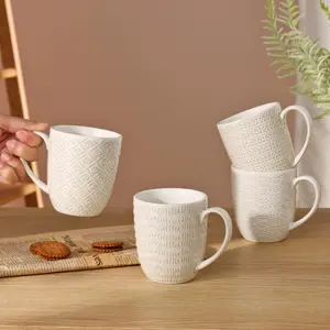Vintage Relief Ceramic Coffee Mug Set, 4 Pcs 350ML, Home Office Water Cup, Milk Cup, Retro Style, Durable Material, Perfect Gift