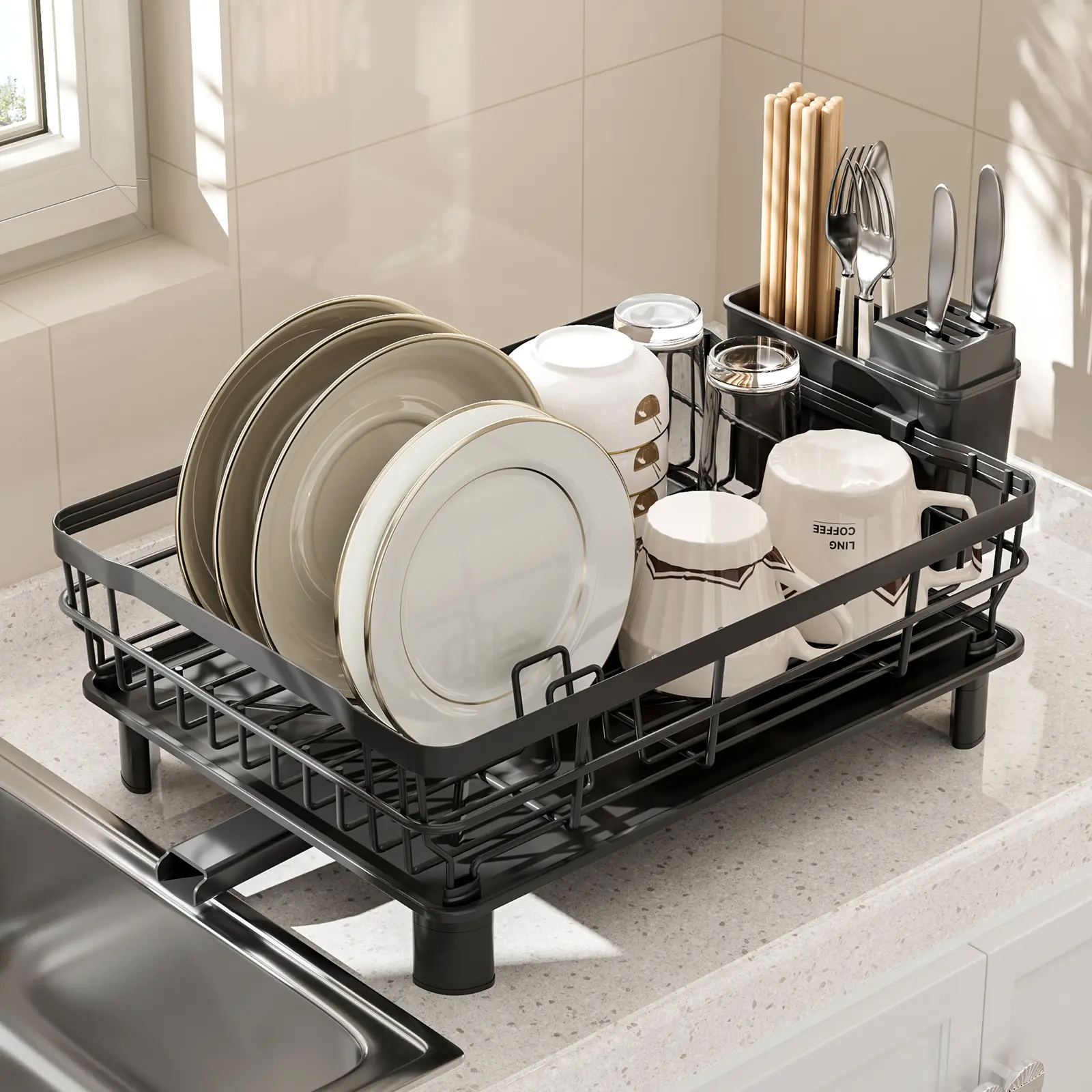 Fast Drying Dish Rack with Drain Tray and Spout, Kitchen Counter Storage Organizer, Utensil Holder for Forks, Cups, Chopsticks