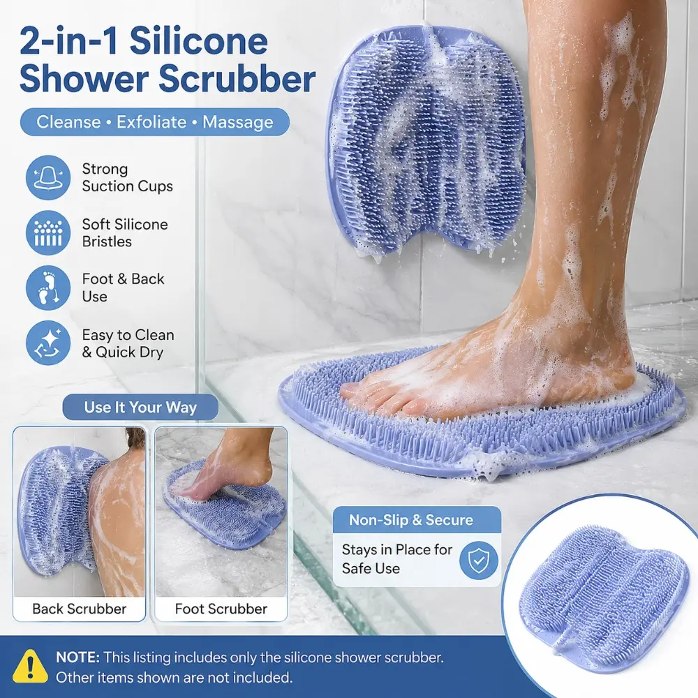 1PC Silicone Shower Foot Scrubber with Suction Cups, Back Scrubber Bath Mat, Body Exfoliating Cleaning Brush, Non-Slip Foot Massage Pad for Bathroom