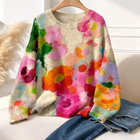Women's Long Sleeve Round Neck Sweater Pullover, 2D Colorful Graffiti Print, Gradient Retro Style, Comfortable All Season Top, Elegant Casual Wear