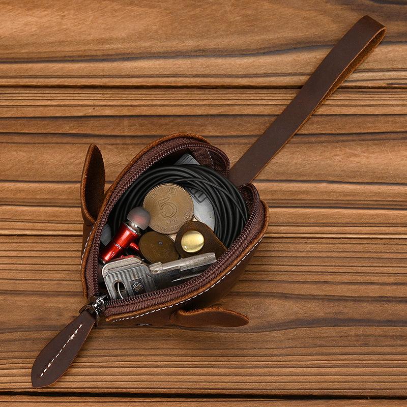 Unisex Crazy Horse Leather Card Holder & Coin Purse | Genuine Cowhide Mini Wallet, Cute Mouse Animal Design, Zipper Closure Slim Card Case, Durable Lightweight EDC Pocket Wallet for Daily Casual Use