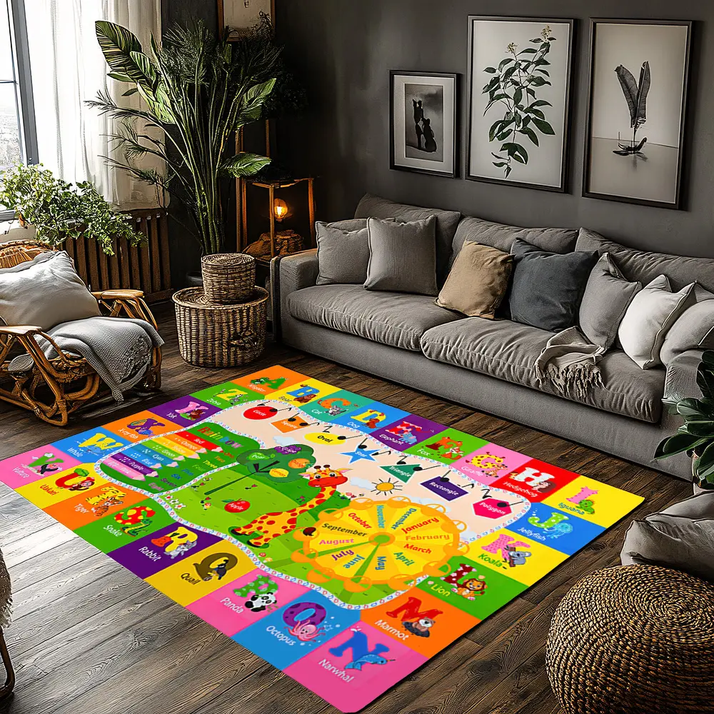 Bright Multicolor Block Giraffe ABC Animal Crystal Velvet Kids Educational Play Rug #ColorfulABCPlayMat #GiraffeAlphabetCarpet #PreschoolLearningFloorMat #CrystalVelvetKidsRug