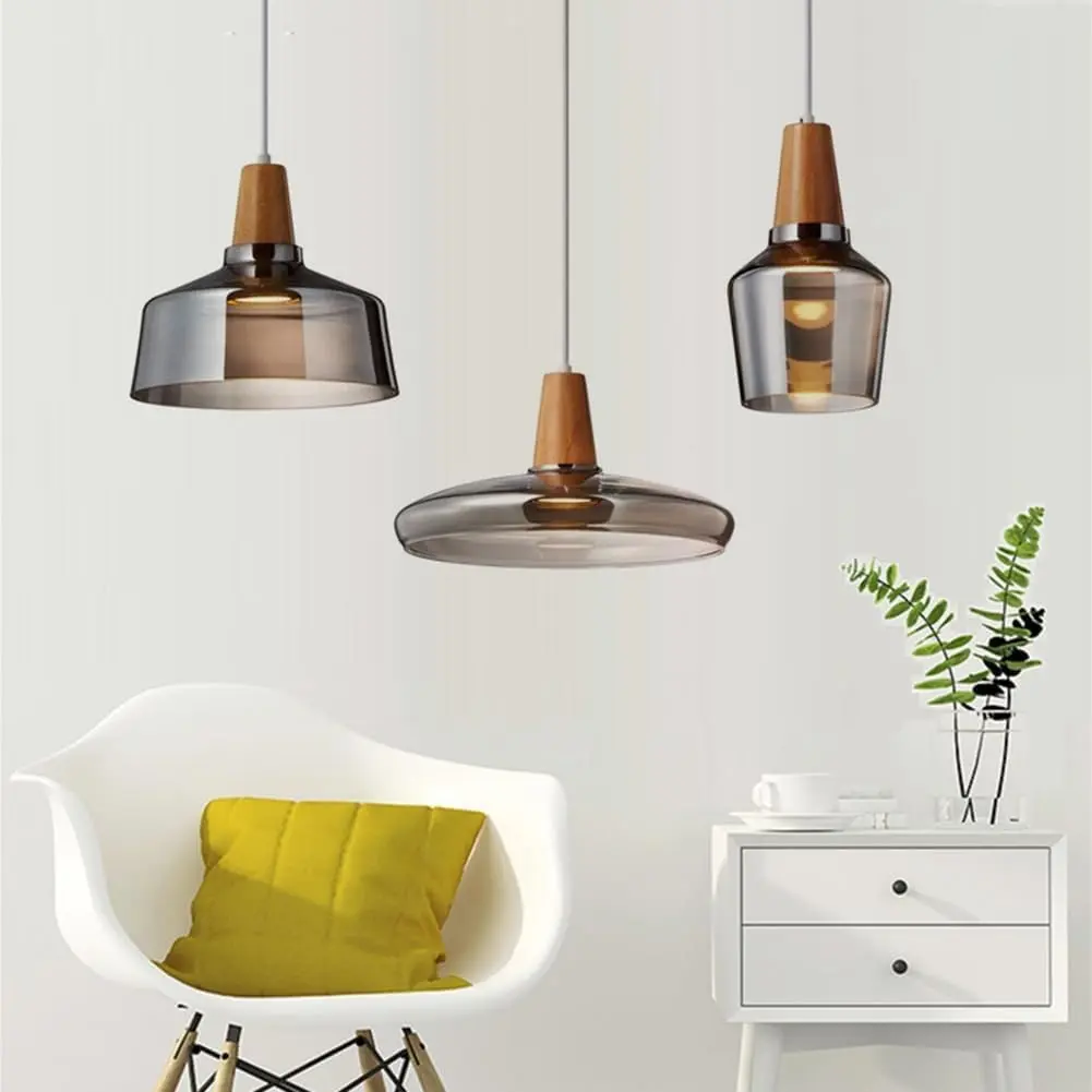 Nordic Smoke Glass Pendant Light, Solid Wood Frame, Adjustable Chain Height, Ideal for Kitchen Island, Dining Room