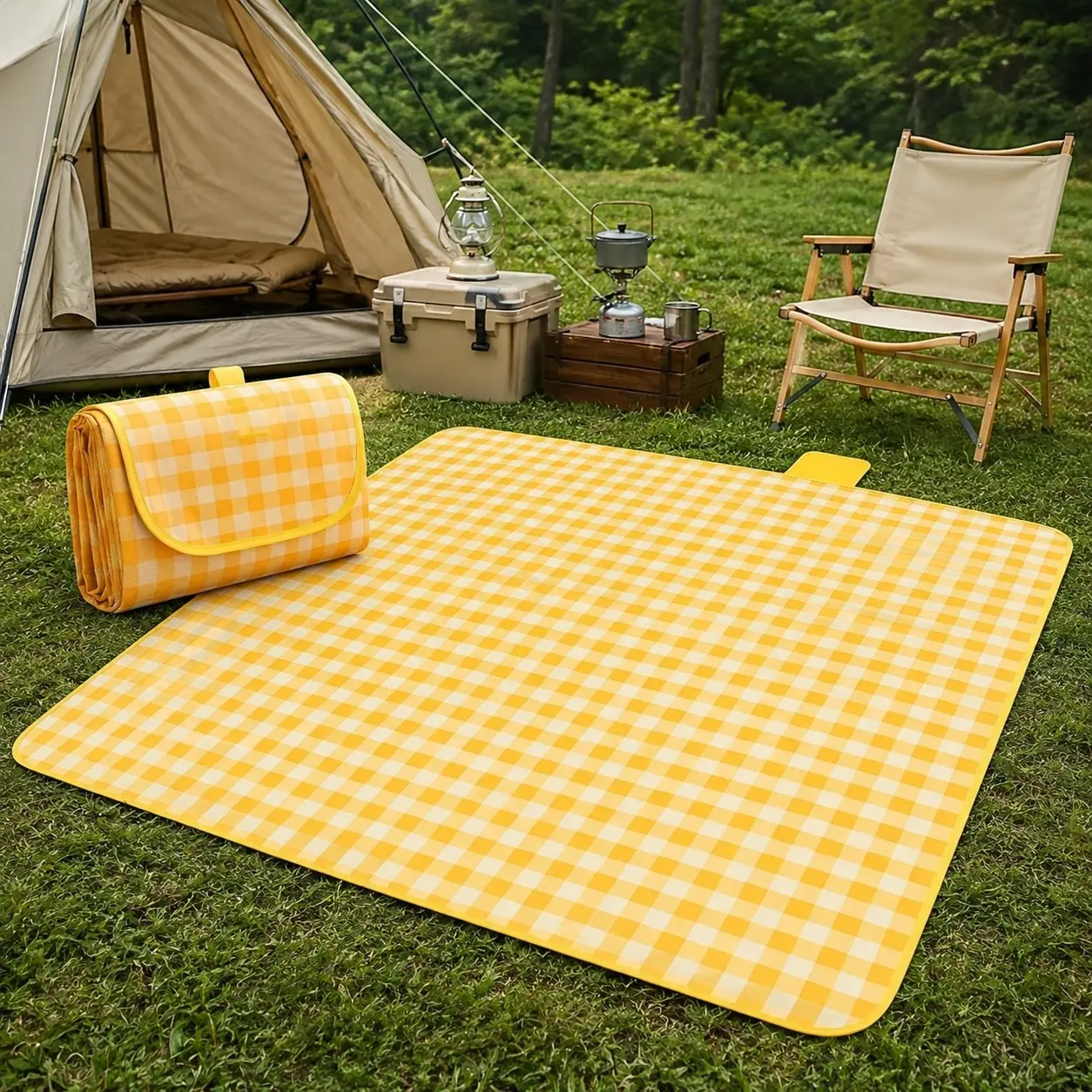 Foldable Yellow Gingham Picnic Mat with Carry Handle, 150 x 100 cm Portable Outdoor Blanket for Camping, Beach and Park