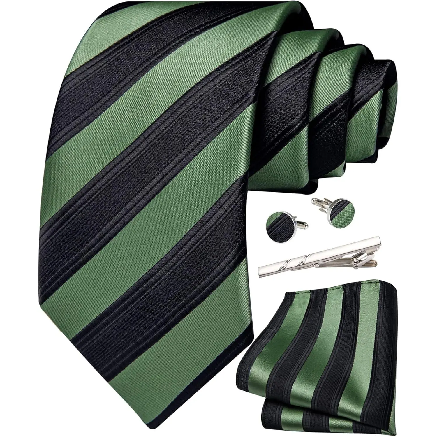 Men's Dark Sage Green Tie and Pocket Square Set, Silk Striped Tie, Handkerchief, Cufflinks, Tie Clip, Business Formal Wear