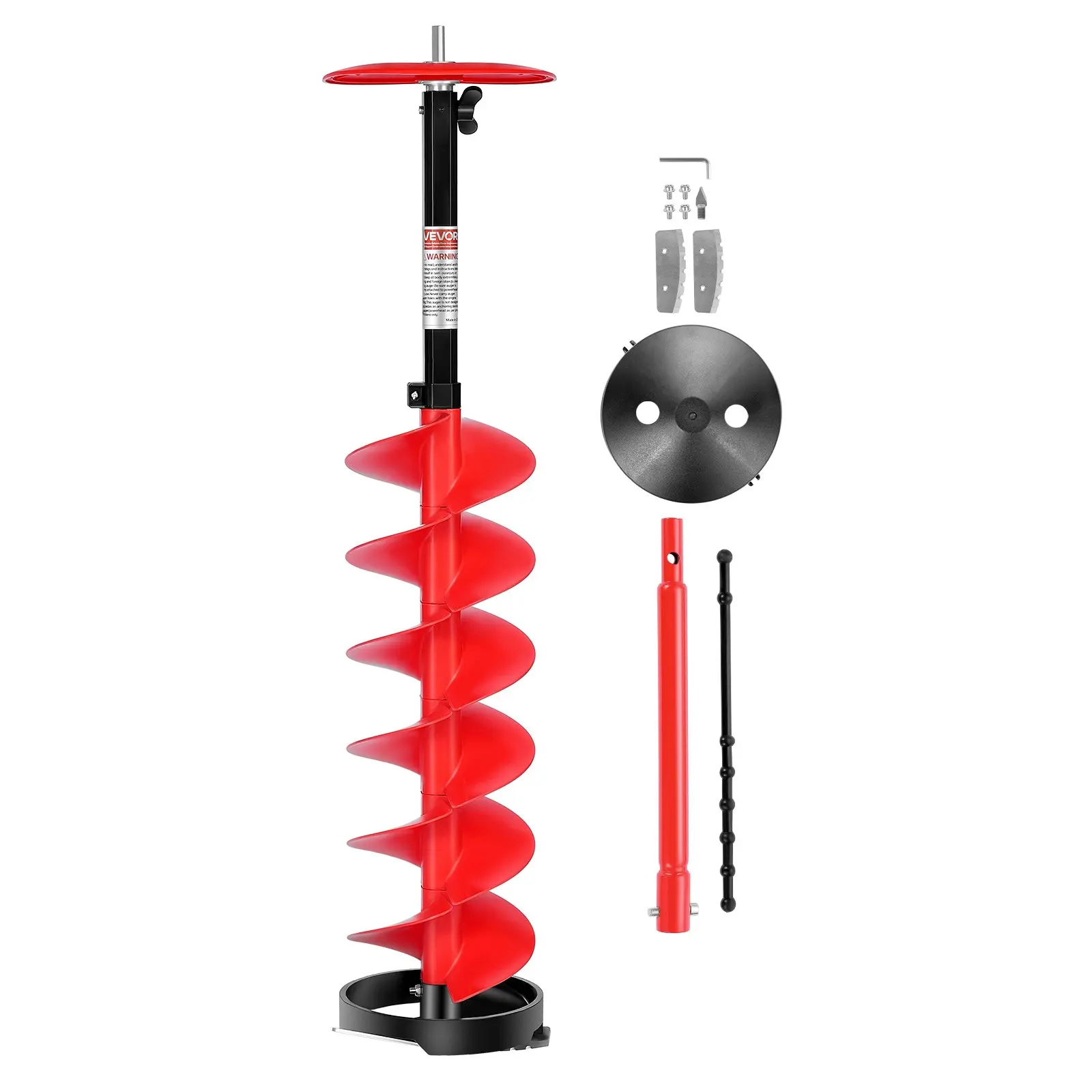 VEVOR Aluminum Ice Auger Drill Bit, 8in Diameter, 39in Length, Cordless Nylon Ice Fishing Auger with 13.4in Extension Rod, 1/2in Adapter, Top Plate, Blade Guard, Replacement Blades & Complete Accessory Set, 1/2 In Adapter, 39 Inch