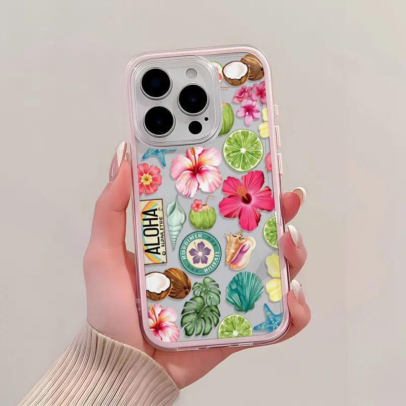Coquette Hawaiian Aloha Tropical Hibiscus Coconut Lime Seashell Clear TPU Phone Case, Summer Vacation Beach Floral Lens Protective Drop Proof Cover for iPhone 11 12 13 14 15 16 17 Air /Pro Max Protective Case fashionable