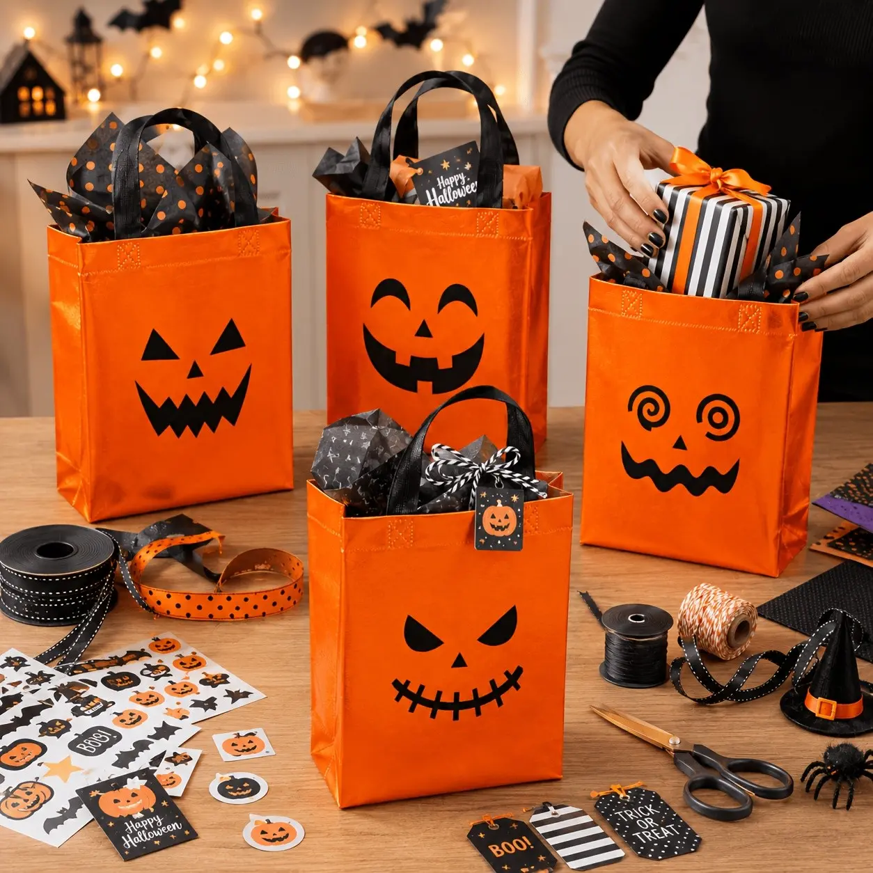 4 Halloween Non-Woven Pumpkin Bags, Reusable, Perfect for Halloween Party Gifts, Small Presents, Eco-Friendly Packaging