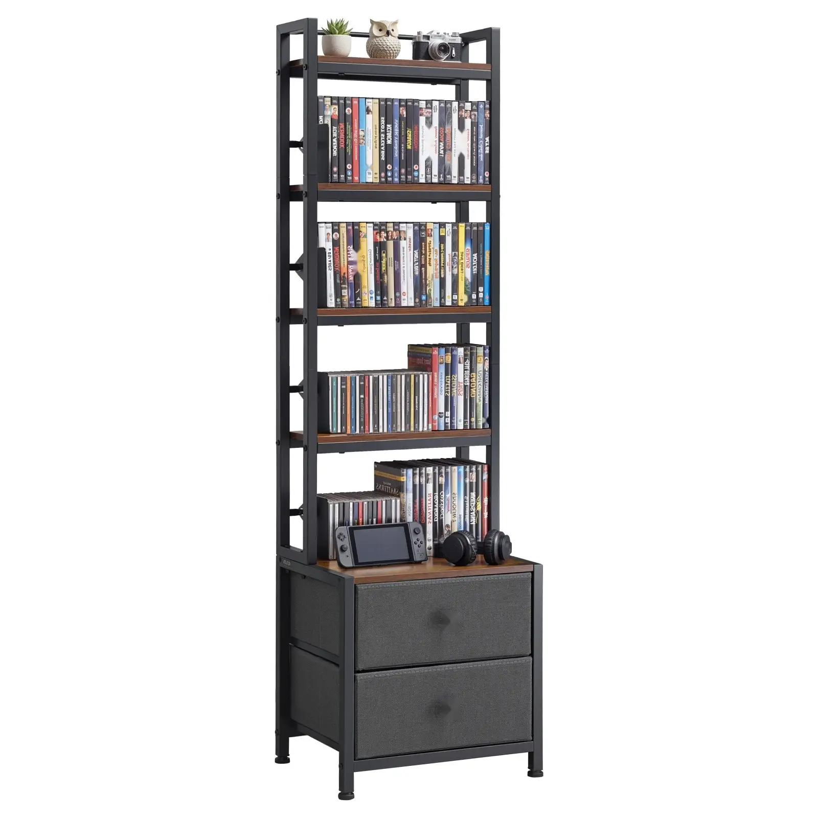 Media Storage Cabinet with Four Shelves and Two Drawers, 4-Shelf DVD Organizer for CDs DVDs Books and Games, 15.75 x 11.81 x 56.50 Inches Multimedia Storage Cabinet for Living Room and Home Office
