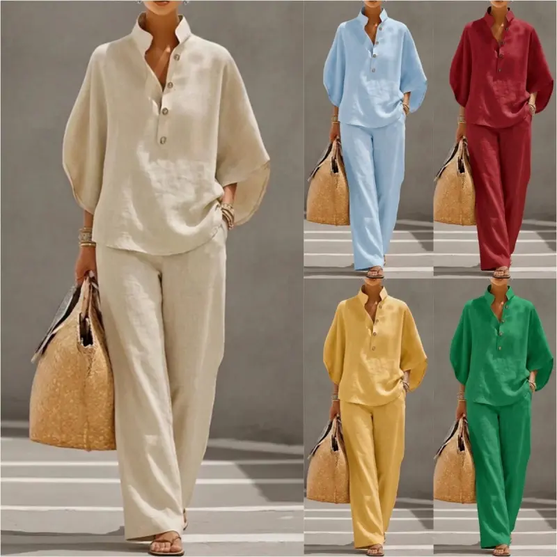 Summer Casual Linen Matching Set Half Placket V Neck Batwing Top High Waist Wide Leg Trousers Two Piece Suit.