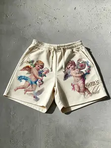 Retro vintage oil painting angel shorts men's shorts women GOD's CHILD white dove Cupid drawstring sweatpants American high street gothic style religious cross summer shorts letter trendy brand hip-hop Y2K shorts fashionable casual unisex couple cute ange