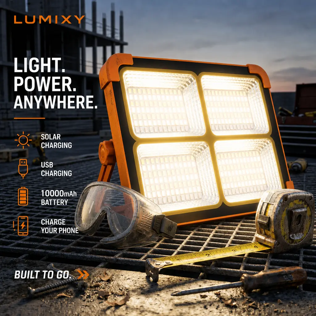 100W 10000LM Rechargeable Solar Work Light, IP66 Waterproof Cordless LED Flood Light with 5 Modes, Magnetic 180 °   Stand Job Site Lighting, Portable Construction Light for Contractors Workshop Warehouse Task Lighting TikTok