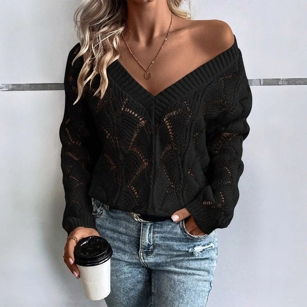 BF Women’s Black Hollow Out Knit Sweater V Neck Oversized Drop Shoulder Pullover Top Casual Cozy Fall Winter Outfit