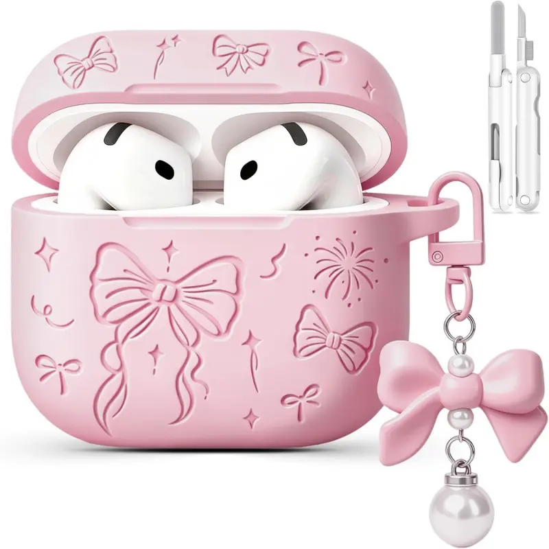 Sakura Pink Cute Bow Engraved Silicone Protective Case for AirPods 4th Generation, with Keychain, Cleaner Kit, Screen Protector, Earphone Accessories, Earphones Protector, With Protector