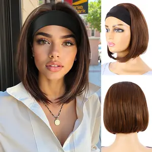 Natural Looking Brown Straight Bob Wig with Black Headband Inner Buckle Synthetic Hair for Daily Wear