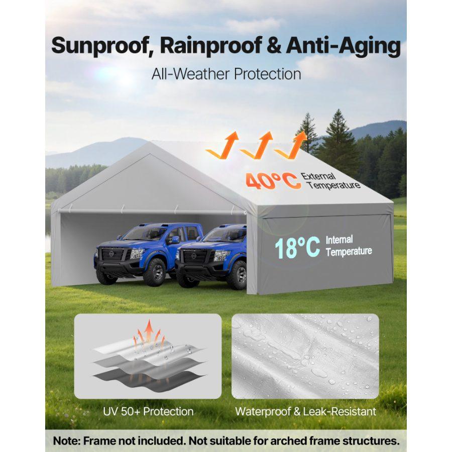 VEVOR Carport Replacement Canopy, 20x 20 ft Potable Garage Tent Top Tarp with Sidewalls, UV-Resistant Waterproof, Heavy Duty Car Shelter Tarp with Ball Buggees, Grey, Frame Not Included