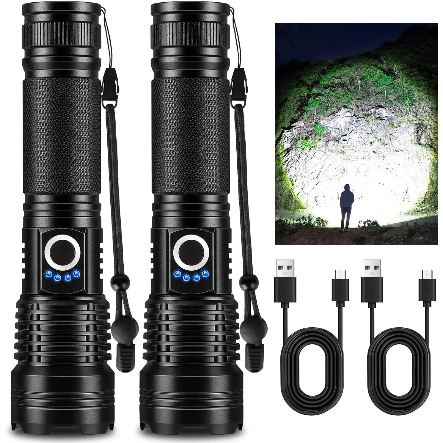 Rechargeable High Power LED Flashlight, 99,000 High Lumens Super Bright Flashlight, 5 Modes IPX6  Handheld Flashlights for   Camping Hiking(2 Pack)