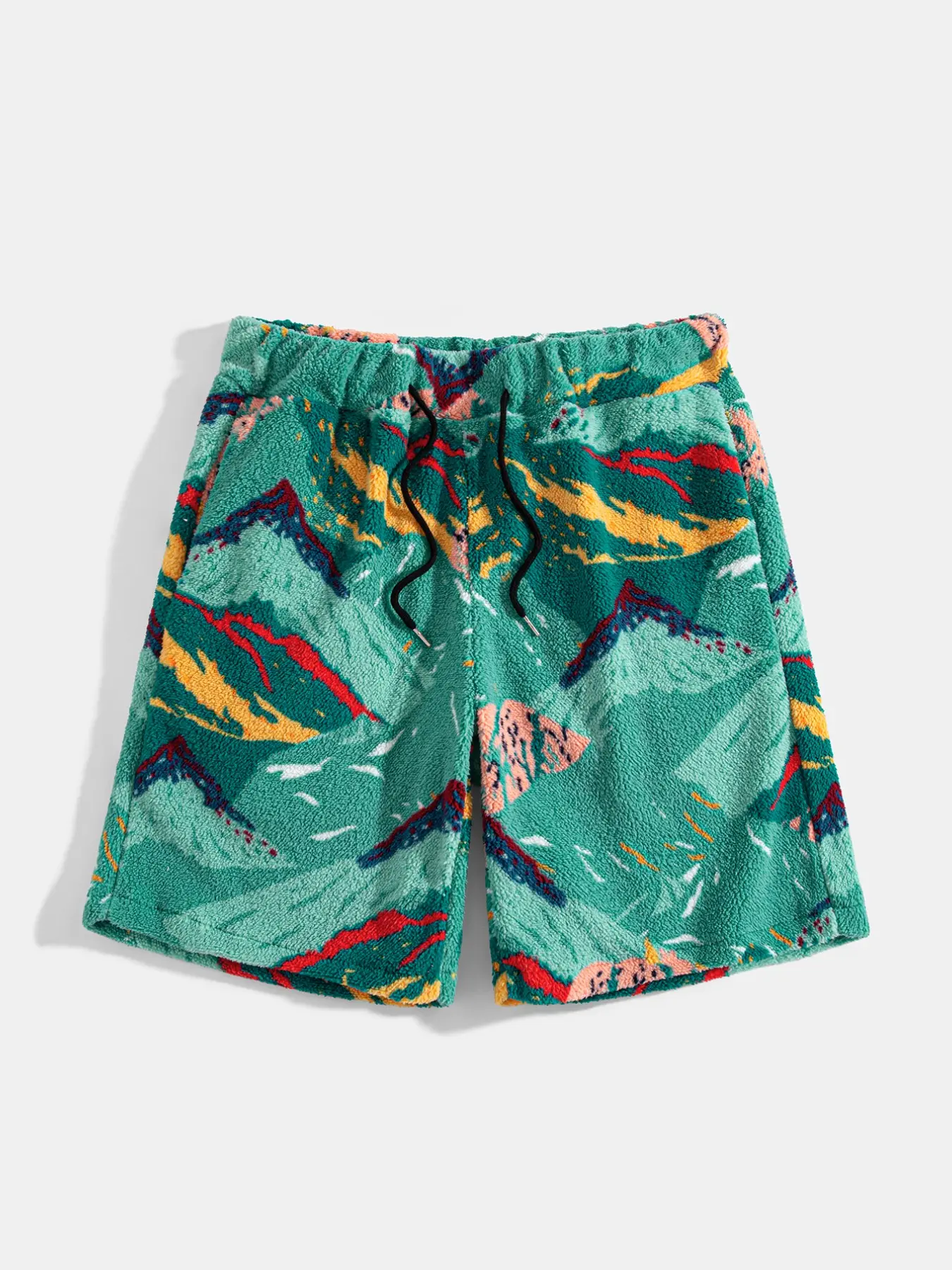 Men's Winter Warm Fluffy Plush Shorts, Scenery Mountain Print, Drawstring Casual Shorts, Ideal for Indoor, Travel, Daily Wear