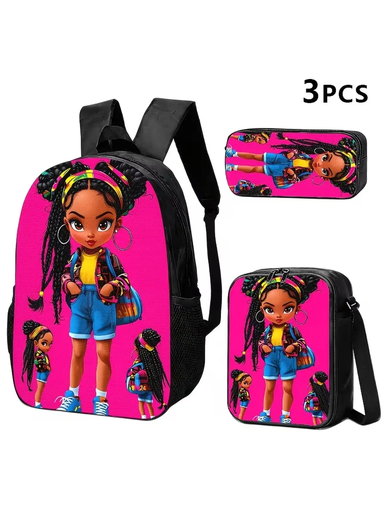 3pcs Set Featuring Vibrant Cartoon Girl Design on Backpack, Crossbody Bag & Pouch; Ideal for Trendy Adults in Daily Commute, Travel Or Shopping