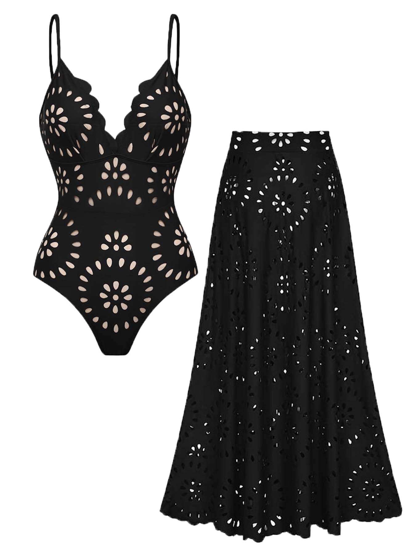 Women's Sexy Laser Cut Hollow Lace One-Piece Swimsuit Set, Slimming Beach Vacation Two-Piece Swimwear with Skirt, Casual Fitted Design
