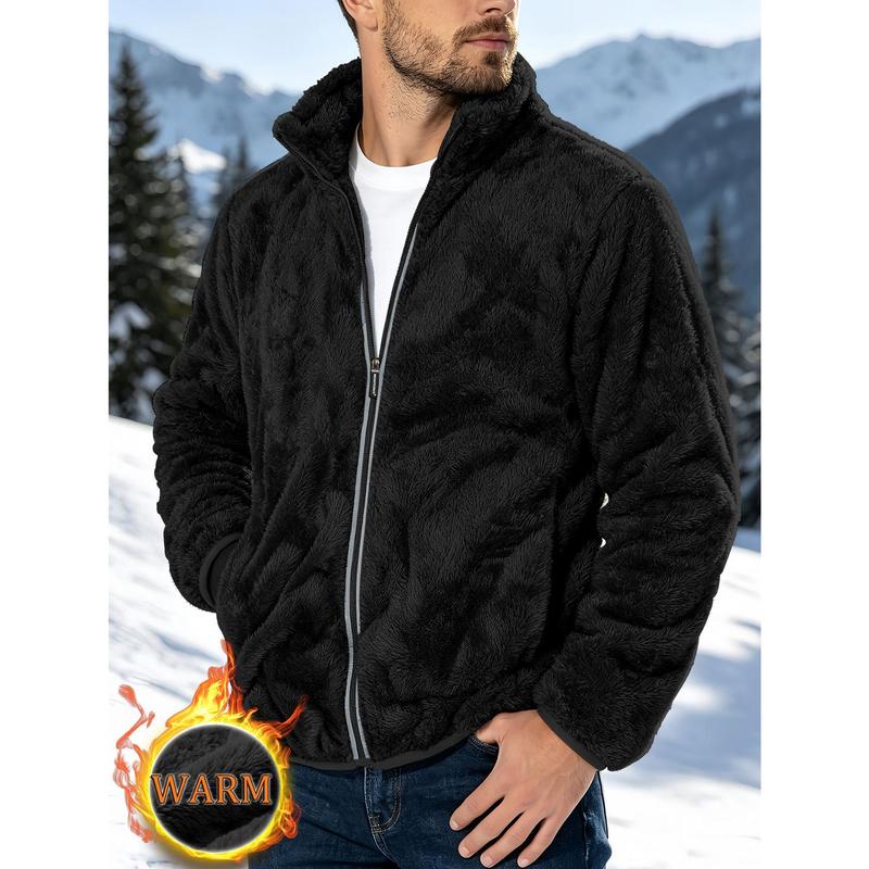 Men'S Winter Solid Color Fleece Zipper Jacket, Stand Collar Warm Loose Pocket Style Casual Blazer, Street Style Daily Travel Outdoor Coat, Classic Easy Warm Men'S Clothing