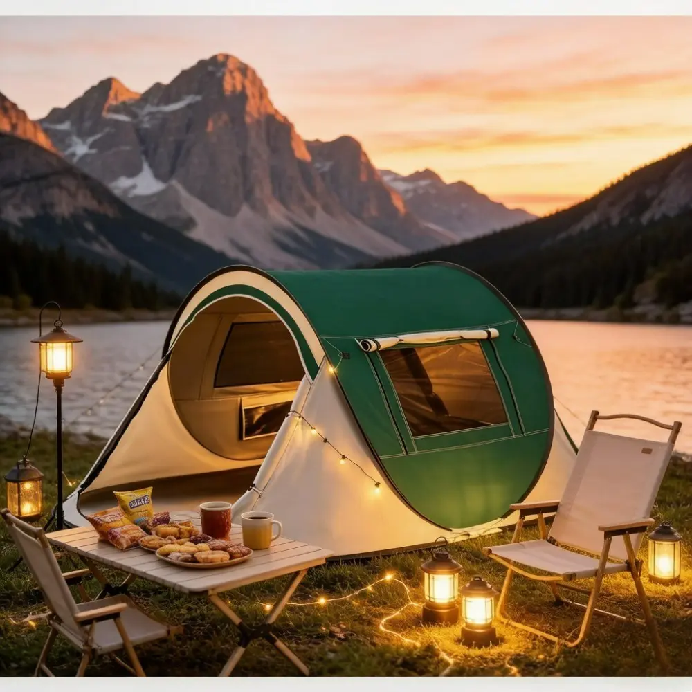 Double-door Double-window Camping Tent for 2-4 People, Pop Up Camping Tent
