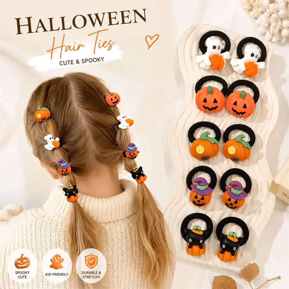 10PCS Halloween Hair Ties for Girls, Cute Pumpkin, Ghost, Black Cat ,Witch Hat Elastic Ponytail Holders, Kids Halloween Hair Accessories, Party Favors,Gifts