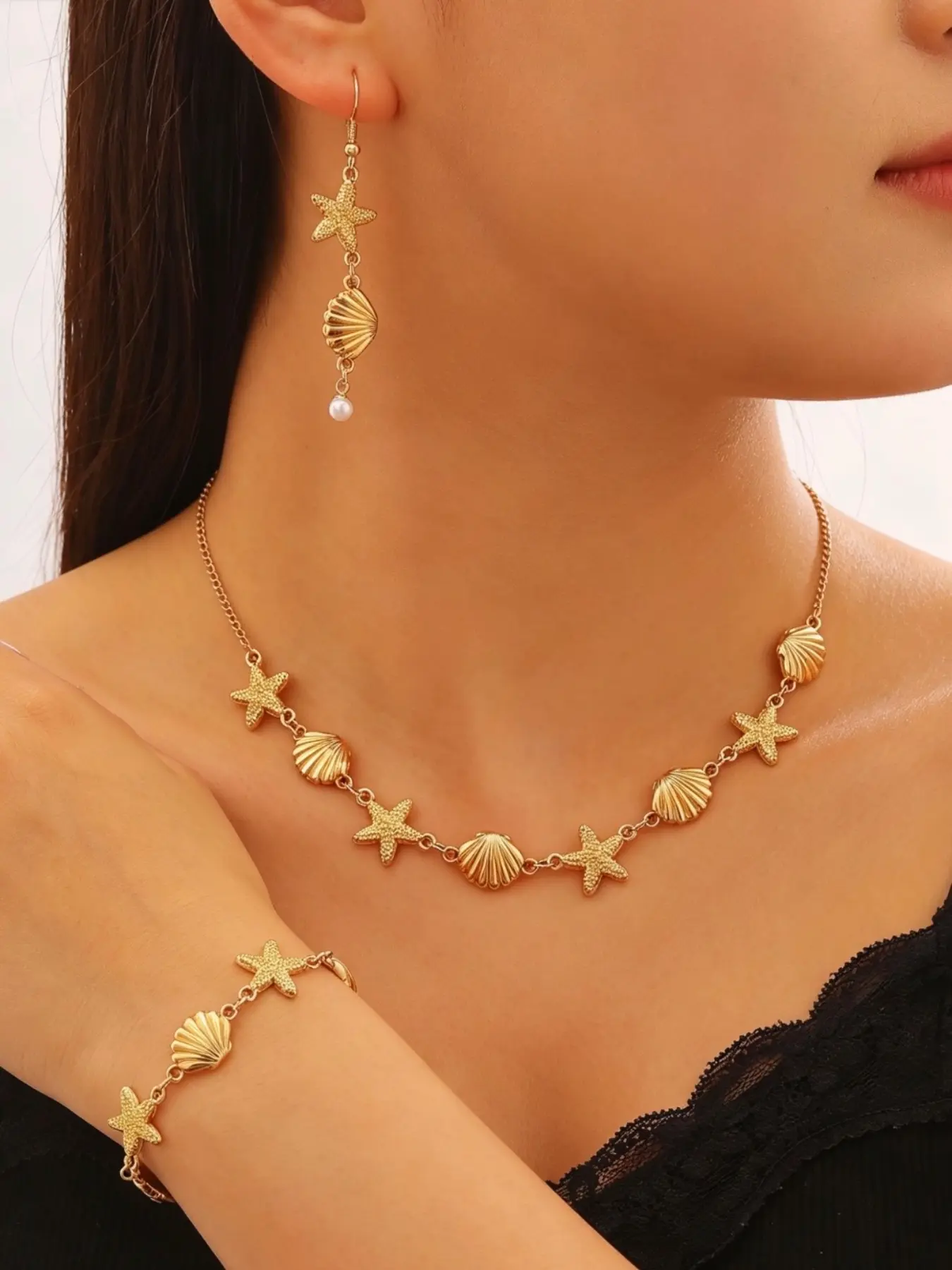 3Pcs Gold Starfish Seashell Pearl Jewelry Set for Women Beach Vacation Accessories Mermaidcore Aesthetic Summer Boho Shell Collar Necklace Charm Bracelet Dangle Drop Earrings Set